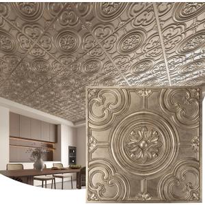 WOWSTAR 12-Pack 24"x24" Drop Ceiling Tiles, Waterproof Glue up Ceiling Panels, Antique Gold