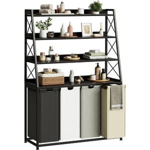 Herture Laundry Basket, 4 Section Laundry Hamper with 4 Tiers Shelf, Pull-Out and Removable Laundry Bags, Large 4 x 15.87 Gallons, for Laundry Room Bathroom Black PF12XLK