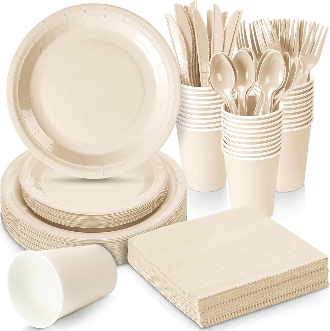 Dandat 350 Pcs Bridal Shower Decorations Baby Shower Party Supplies Include Plates Cups and Napkins Sets with Plastic Forks Knives Spoons for Wedding Birthday (Light Yellow)