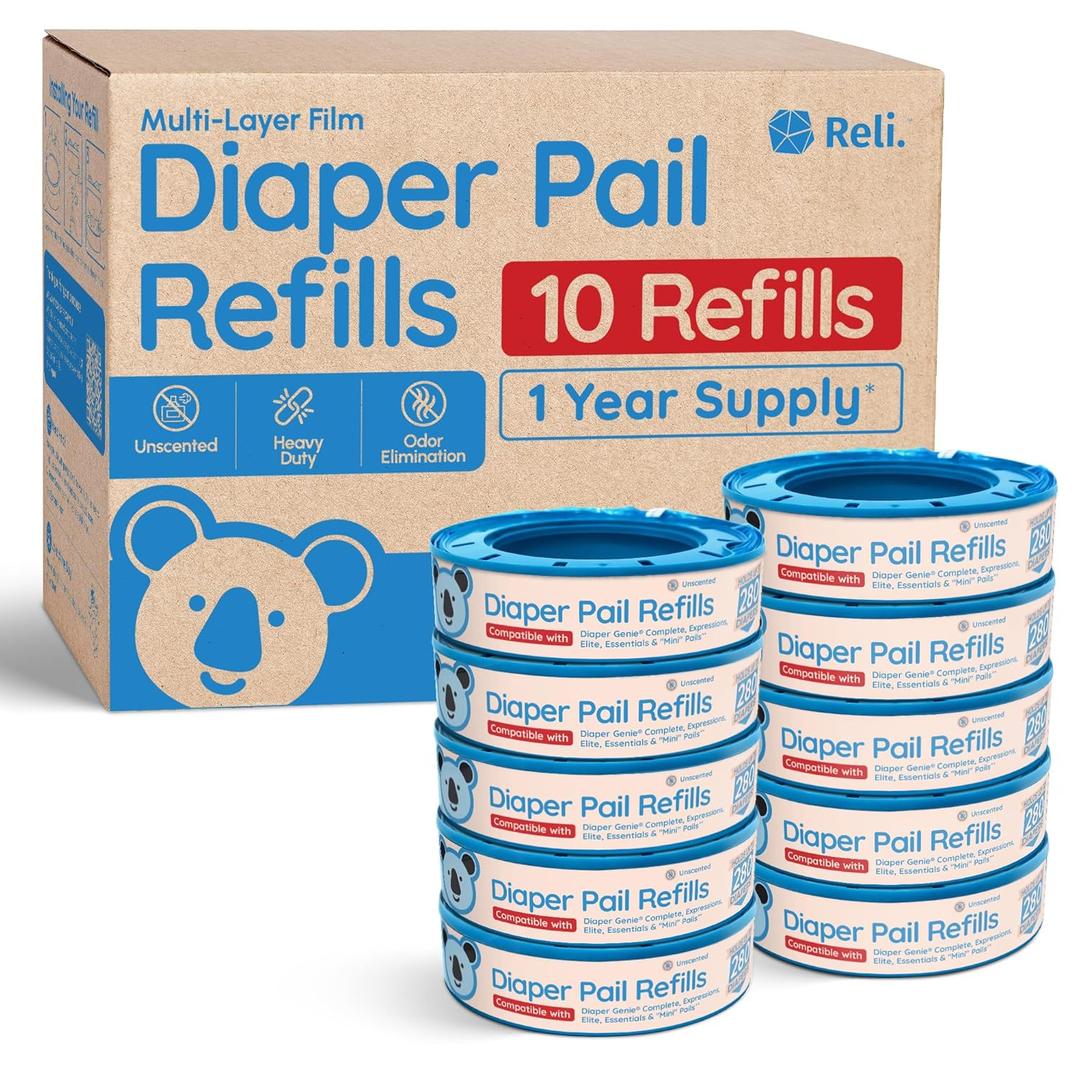 Reli. Diaper Pail Refill Bags, Compatible with Genie Complete, Expressions (10 Pack) Pail Refills Unscented | Odor Blocking, Strong, Easy Replacement | Holds up to 2,800 Newborn Diapers