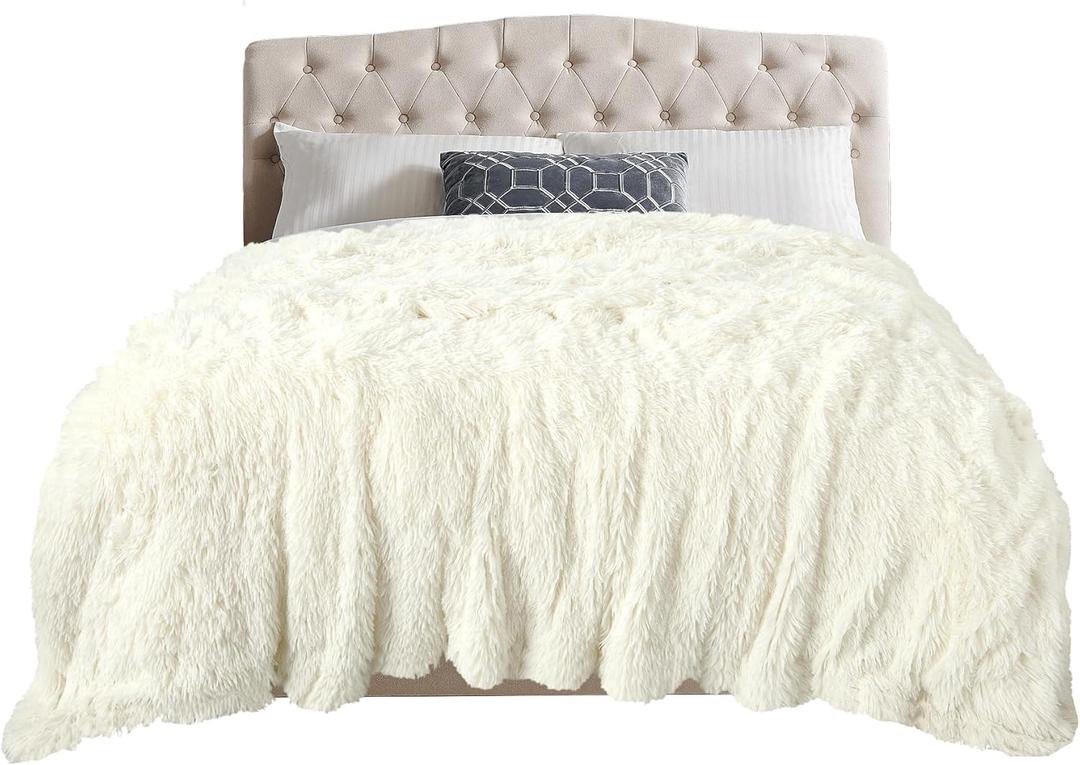 TOONOW Extra Soft Fuzzy Faux Fur Blanket Queen Size 78"x90", Reversible Lightweight Decorative Blankets and Throws Super Soft Cozy Microfiber Fleece Fuzzy Blankets for Couch Bed, Cream White