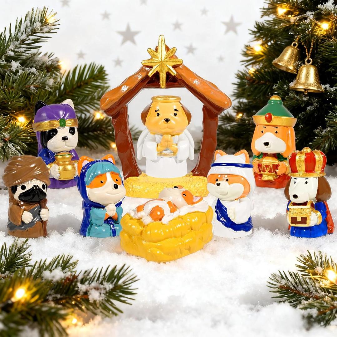 Bbiamsleep 9 Pcs Dog Nativity Set Resin Dog Figurine Christmas Nativity Scene Decoration for Home Tabletop Seasonal Decor Scene