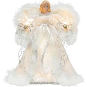 KI Store Lighted Christmas Angel Tree Topper with Timer 12-Inch White Angel Treetop Figurine for Christmas Tree Decoration
