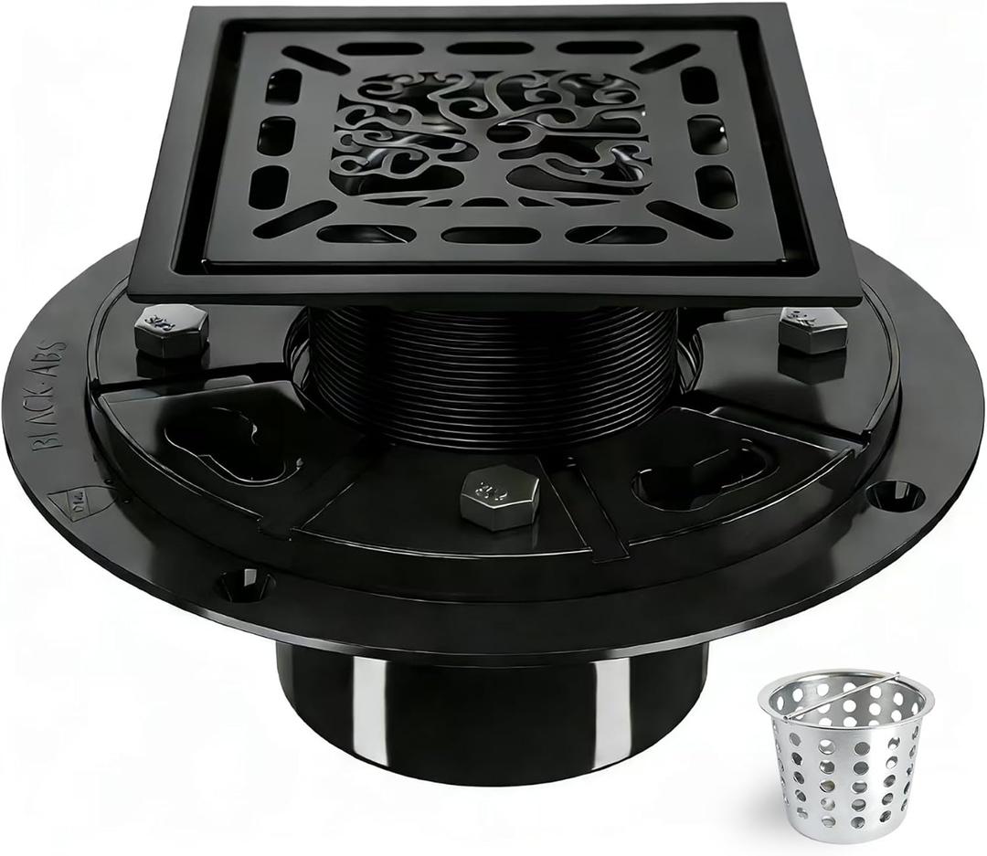 4 Inch Shower Drain, Square Shower Floor Drain Kit with Flange and Removable Cover Grate, AISI 304 Stainless Steel, Matte Black