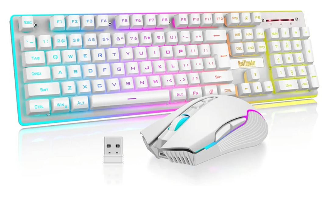 RedThunder K10 Wireless Gaming Keyboard and Mouse Combo, RGB Backlit Rechargeable 3800mAh Battery, Mechanical Feel Antighosting Keyboard + 7D 3200DPI Mice for PC Gamer(White Pudding)