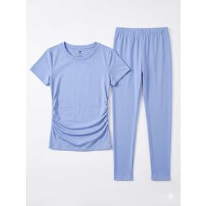 Women Set Pleated Short Sleeve Top Wide Leg Pants Loose Fit Matching Set Casual Lounge Travel Workwear Size S