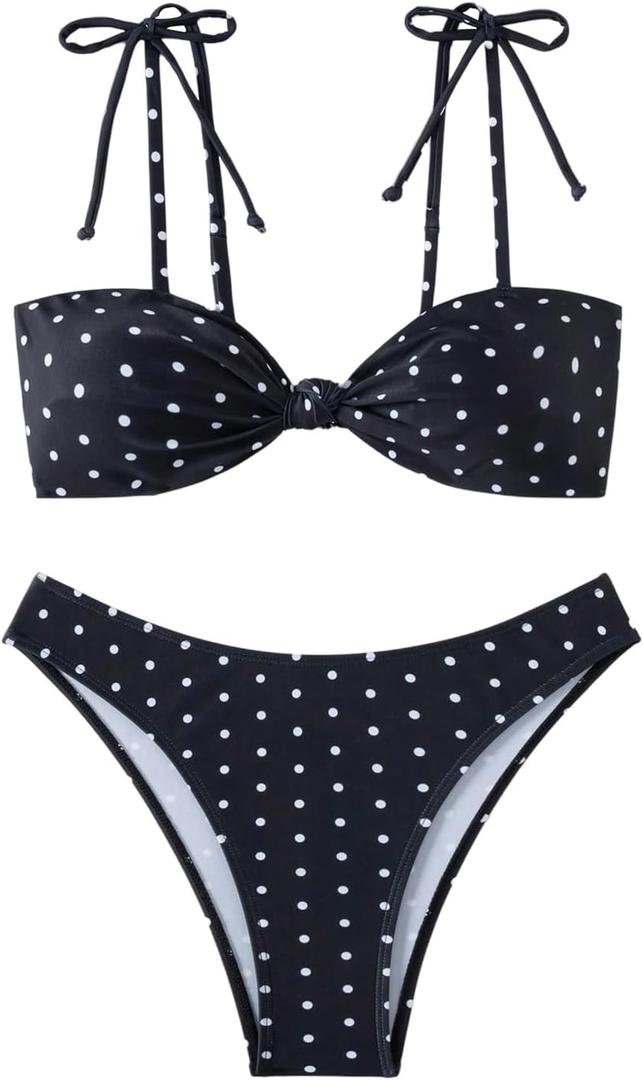 Milumia Women's Polka Dots Bikini Sets 2 Piece High Cut Tie Shoulder Swimsuit Beachwear (Large, Multicolor)