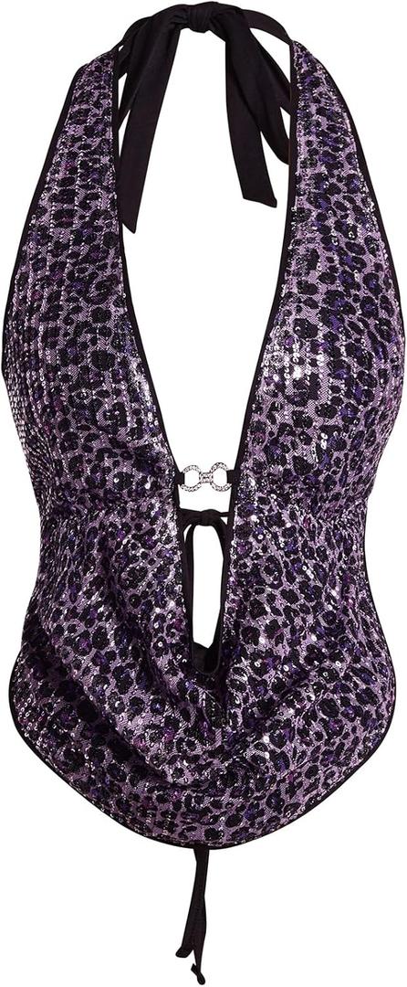 Verdusa Women's Cheetah Print Sequin Top Y2K Tie Back Corset Halter Going Out Crop Tops Sequin, Purple, Small