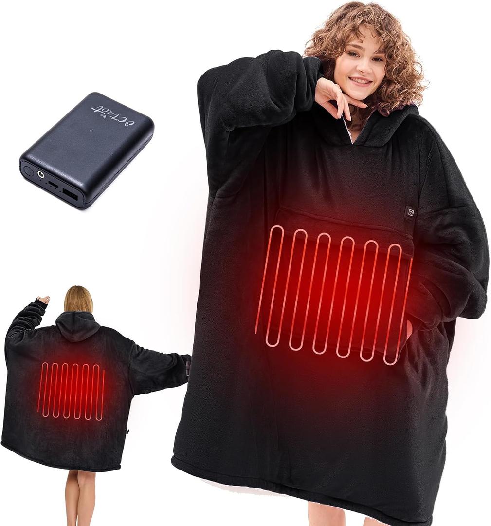 CYMULA Heated Hoodie Blanket, Wearable Heated Blanket Hoodie Oversized Portable Cordless Heating Wearable Blankets, 3 Heat Settings Electric Hooded Gifts for Women Men with Power Bank, Black (Standard)