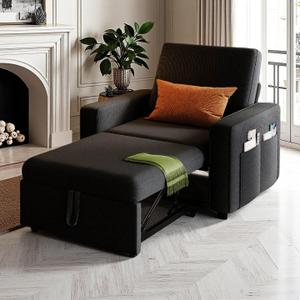 DWVO Convertible Sleeper Chair, 3-in-1 Sofa Bed with Pull-Out Bed, 75" Single Sleeper Couch with Reclining Backrest and Wide Armrest, Linen Futon Couch for Dorm Apartment, Black