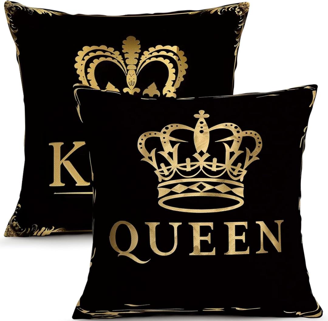 ORMAN Valentines Throw Pillow Covers 18 x 18 Inch King Queen Crown Black Cushion Case Decoration for Sofa Couch Set of 2