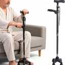 Lightweight Carbon Fiber Walking Cane with Dual Handle & LED Flashlight, 4-Leg Stable Quad Cane Adjustable Height Mobility Aid for Seniors, LED Light Batteries Not Included