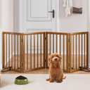 Freestanding Pet Gate Foldable 4 Panel Dog Gate Walnut Dog Gates for Stair Doorways House Indoor (2 Support Feet Included)
