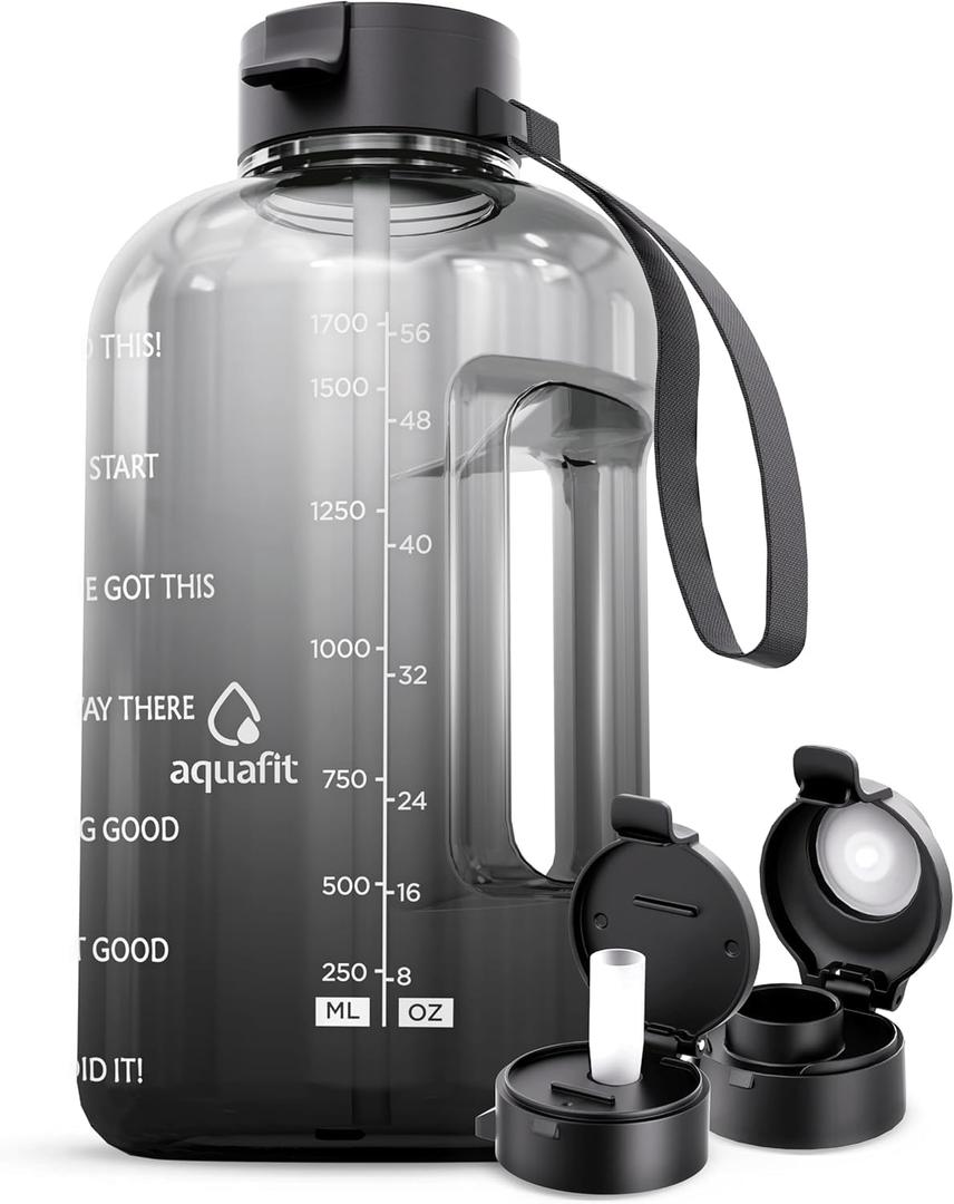 AQUAFIT Half Gallon Water Bottle with Time Marker - Straw & Chug Lid - BPA Free Gym Water Bottle with Straw - Big Gallon Jug (Midnight Gray, 64 oz - 2 Lids)