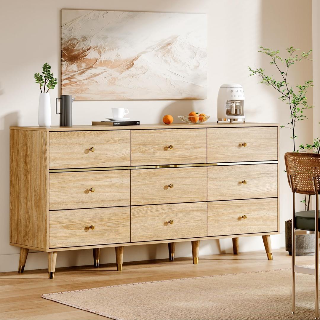 9 Drawer Dresser,63" Wide Mid Century Modern Chest of Drawers,Wooden Bedroom Drawer Dresser with 9 Storage Drawers for Bedroom, Living Room,with Anti-Tipping Device,Natural (Oak)