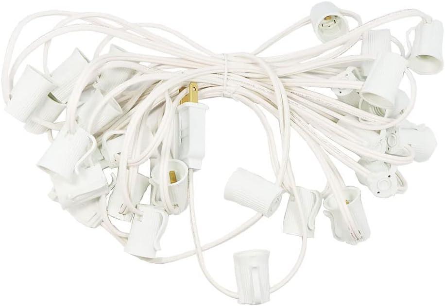 50FT C9 Light String Christmas Stringer, E17 Light Sockets 12" Spacing, C9 Stringer Set White Outdoor String Light Strand for Wedding Patio Event Lighting Decor, White Wire