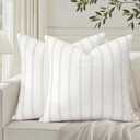 2 x HOMEIDEAS Decorative Cream Throw Pillow Covers 20x20 Set of 2, Striped Textured Farmhouse Pillow Covers, Soft Chenille Cushion Covers for Couch Sofa Bed Home Decor
