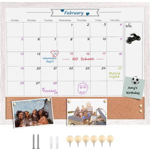 Dry Erase Calendar Whiteboard for Wall, Combination Magnetic Dry Erase White Board & Bulletin Board, 23.6" x 31.5" Wood Framed Calendar/Cork Combo Board(WH-6080)