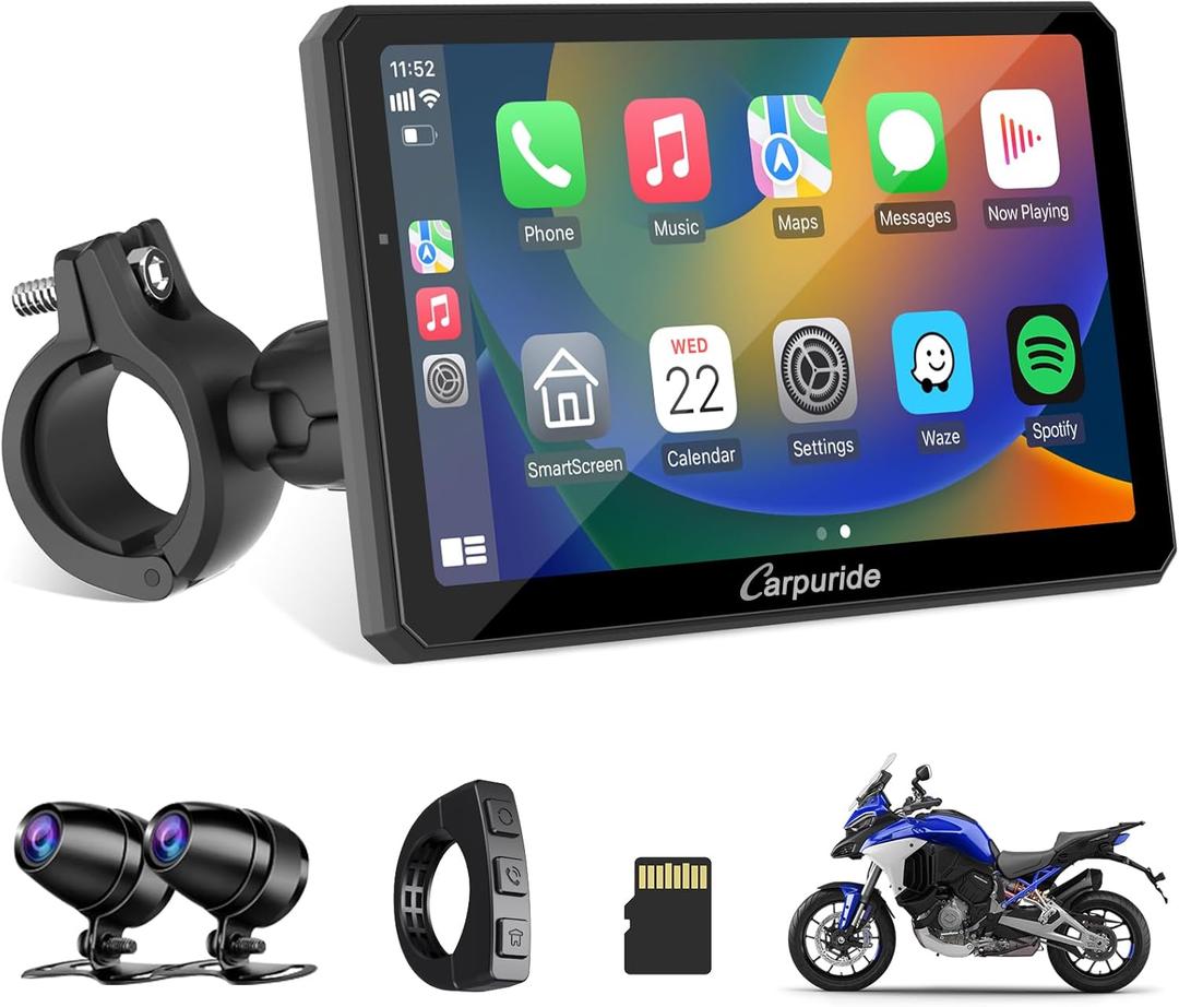 Carpuride W712D Motorcycle Car play Screen with HD 1080 Dual Dash Cam, Wireless Car Play and Android Auto, 7" Waterproof Rotatable Navigation Touchscreen, Loop Recording, Bluetooth, Wired Controller