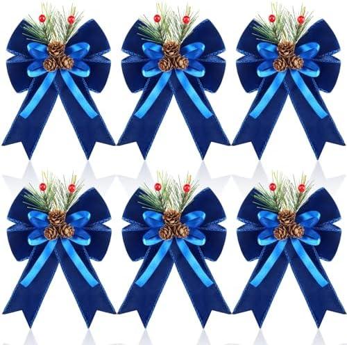 Syhood 6 Pcs Christmas Bows with Pine Cones Pine Needles Xmas Blue Velvet Bows Blue Velvet Ribbon Christmas Tree Wreath Decoration for Xmas Parties Indoor Outdoor Crafts DIY Decor
