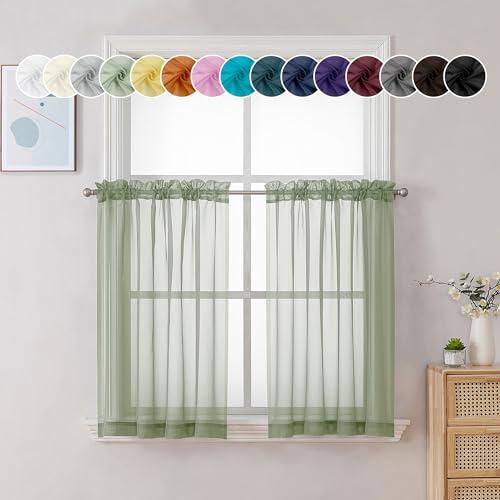 Chyhomenyc Sage Green Sheer Curtains 36 Inch Length, Short Voile Sheer Window Curtians for Small Window Bathroom Cafe Living Room, Set of 2, 42W x 36L inches, Rod Pocket,