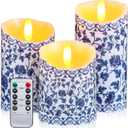 Tujoe 3 Pcs Chinoiserie Flameless Candles Blue and White Battery Operated Candles Blue White Floral Printed Faux Candles with Remote Timer for Wedding Garden Festive Home Party Decoration