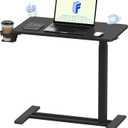 FLEXISPOT H7 Adjustable Overbed Bedside Table with Wheels Pneumatic Mobile Standing Desk Laptop Desk Rolling Computer Cart Movable Overbed Tables Hospital Home Use(27.6" W x 15.7" D, Black Table) (Small)