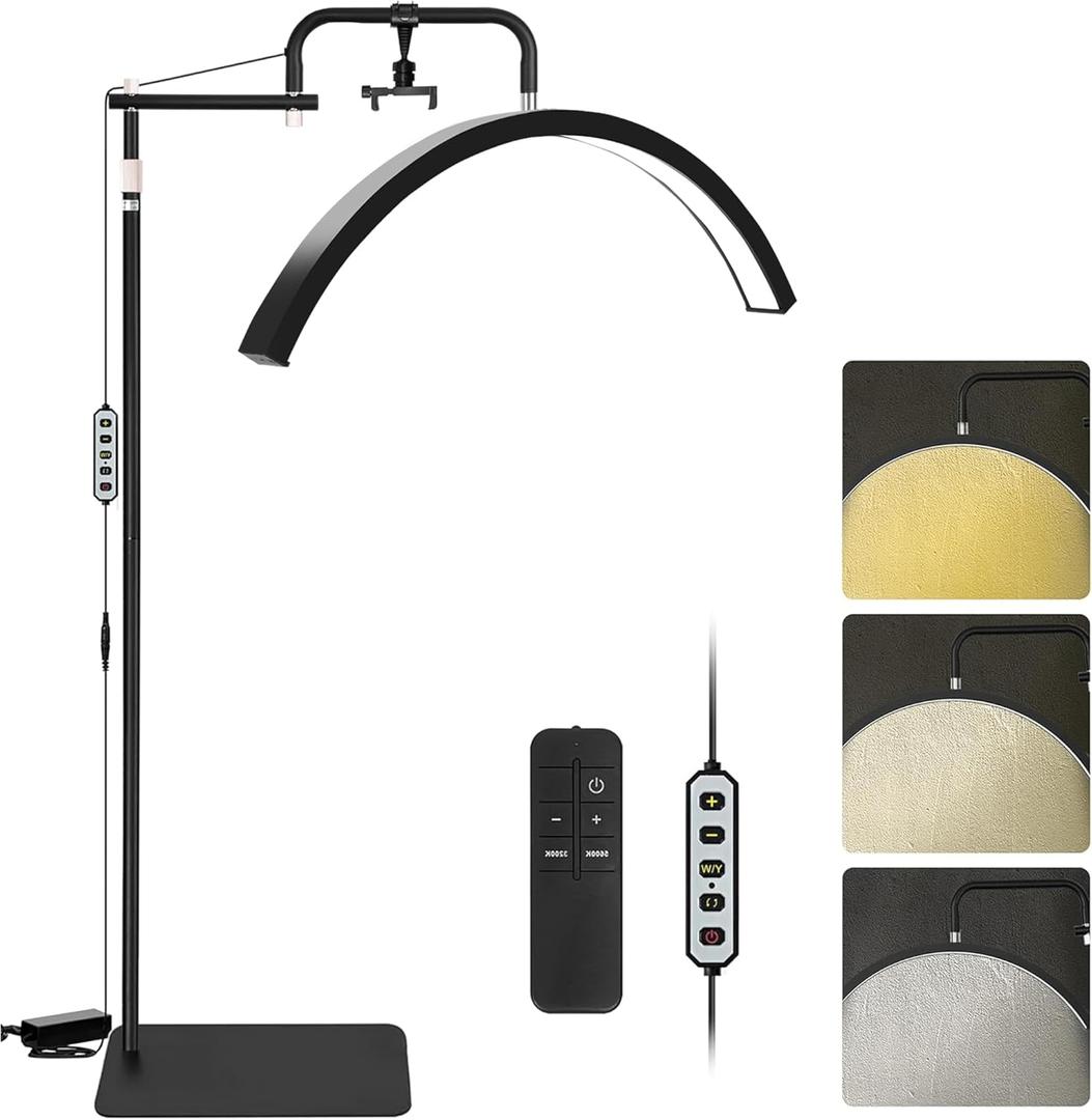 Lash Lamp - Esthetician Light for Eyelash Tech,Tattoo Artists, Nail Tech, Led Half Moon Light for Lashes Extensions, Warm/Cool Floor Piano Lamp with Phone Holder, Adjustable Brightness & Height (Black)