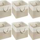 Geiserailie 6 Pcs 12 x 12 Inch Cube Storage Bins Fabric Storage Organizer Bins Foldable Cube Baskets with Sturdy Carry Handles Wicker Baskets for Home (White,Light Brown)