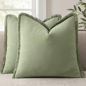 ANRODUO Set of 2 Decorative Throw Pillow Covers 2020 Inch Soft Linen Fringe Farmhouse Boho Vintage Cushion Covers with Tassels Accent Pillowcase for Couch Sofa Bed Living Room Summer Decor Sage Green