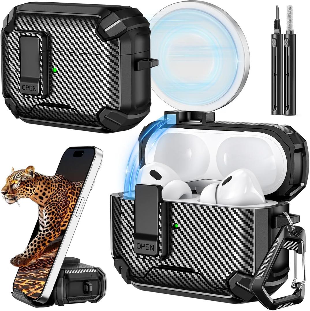 Inesore Compatible with AirPods Pro 2nd/1st Generation Case Cover with Phone Stand & Cleaning Kit, Compatible with Magsafe, Magnetic Automatic Lock for iPod Pro Charging Case(USB-C/Lightning Cable)