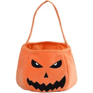OneCut Halloween Ghost Trick or Treat Candy Basket, Orange Plush Tote Bag with Smiling Ghost Design