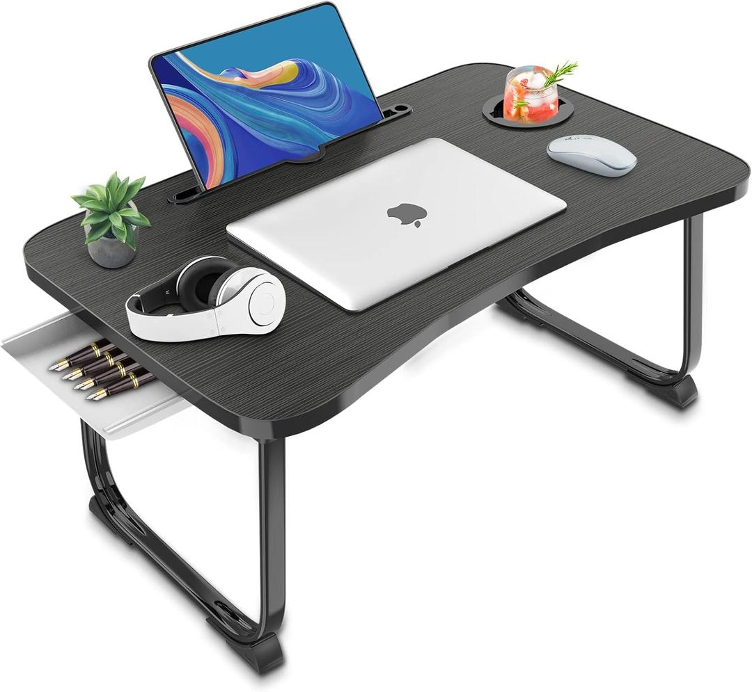 Fayquaze Portable Foldable Lap Desk with Storage Drawer and Cup Holder - Laptop Bed Stand Tray Table for Eating, Reading and Working (Blacksilver)