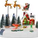 Innodept12 Animated Christmas Village with Santa Sleigh and Reindeer, LED Lighted House Village with Moving Figurines, Musical Indoor Christmas Decoration, Holiday Collectible Display Scene