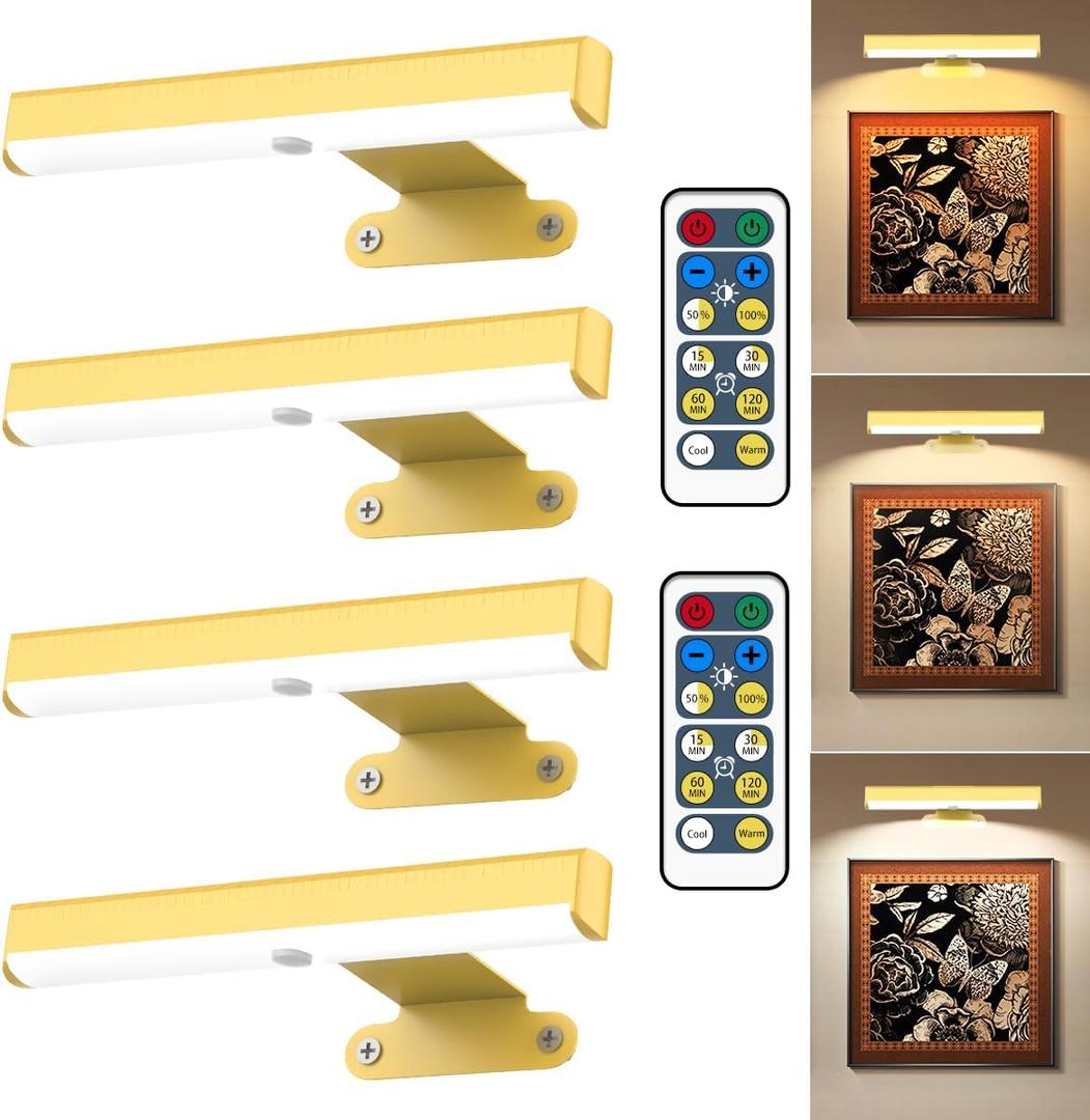 4Pack Wireless Picture Light with Remote,Battery Operated Wall Sconces for Wall Decor,3 Color Timer&Dimmable Paintings Light LED Art Display Lamp Picture Frame Light for Artwork Posters Gallery-Gold