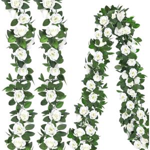 Aneco 4 Pack 32 FT White Flower Artificial Rose Vines Roses Fake Vine Flowers Plants Party Supplies for Holiday Wedding Garden Craft Art Decoration