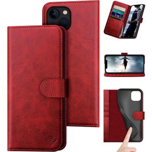 DuckSky for iPhone 14 6.1" Genuine Leather Wallet case RFID Blocking4 Credit Card HolderReal Leather Flip Folio Book Phone case Protective Cover Women Men for Apple 14 5G case Red