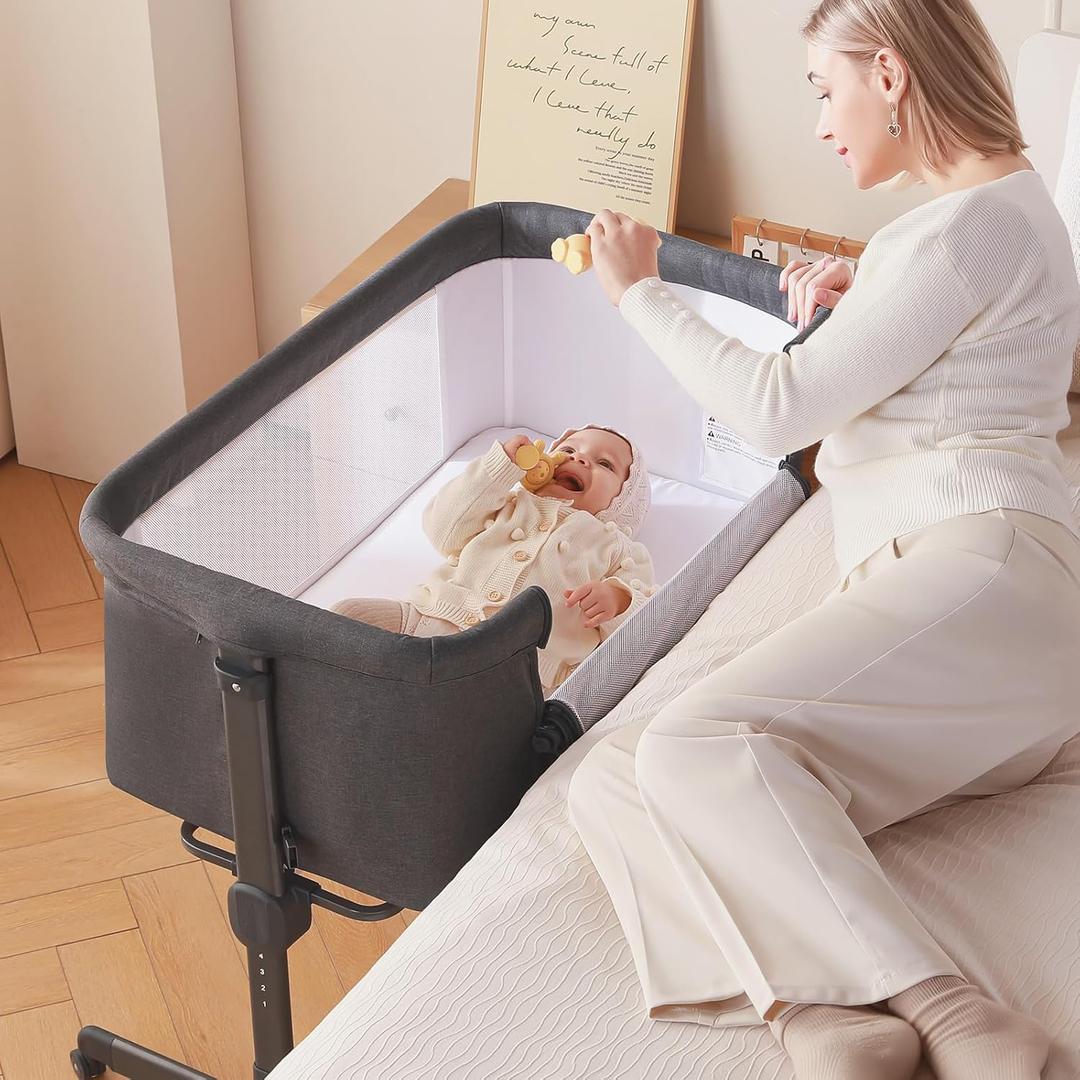 Larex Baby Bassinet, 3 in 1 Bassinets Bedside Sleeper Crib Sleeper for Newborn, Portable Crib Adjustable 7 Height Bedside Bassinet with Mattress and Movable WheelsBreathable Mattress&Mesh(Dark Grey)