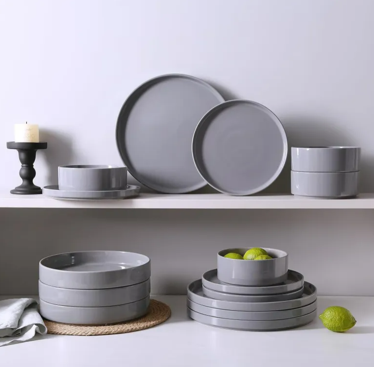 Famiware Nebula Plates and Bowls Set, 18 Pieces Dinnerware Sets, Dishes Set for 6, Dark Gray