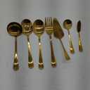 8 PCS Stainless Steel Serving Utensils, Large Serving Spoons Slotted Spoons, Forks, Ice Sugar Tongs, Cake Server, Soup Ladle, Metal Utensils Set Great for Buffet Catering Banquet Party, Gold