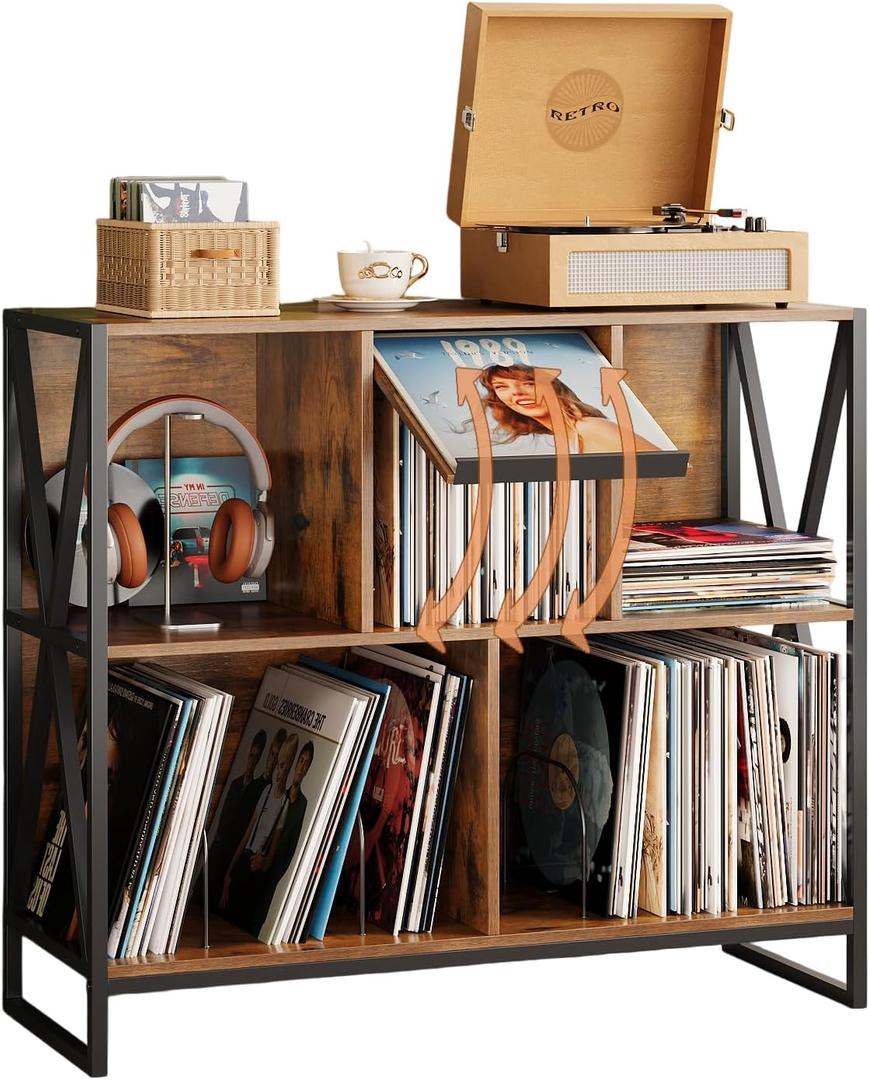 Large 3 Tier Record Player Stand Turntable Stand with Vinyl Storage Holds up to 300+ Albums Mid-Century Record Player Cabinet Table for Vinyl Records with 4 Dividers for Living Room (Brown)