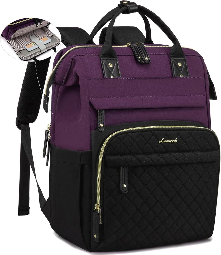 LOVEVOOK Laptop Backpack for Women, 15.6'' Waterproof Nurse Bag Teacher Work Backpack Purse for Women, Travel Computer Backpack for College Office Business Ladies (Dark Purple Black)