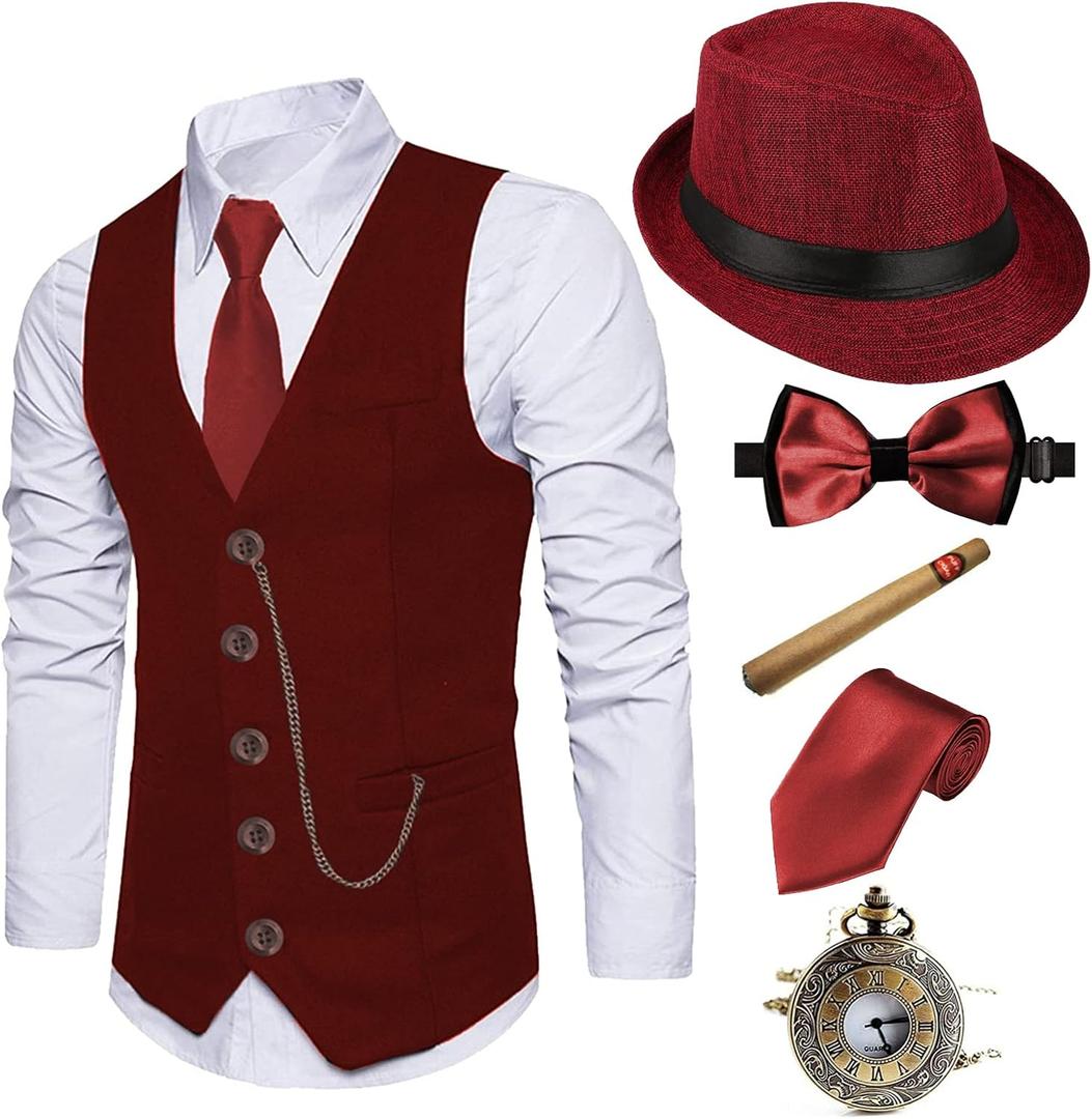 EFORLED 1920s Mens Costume Fedora Hat,Gatsby Gangster Vest,Vintage Pocket Watch,Pre Tied Bow Tie,Tie (XX-Large)