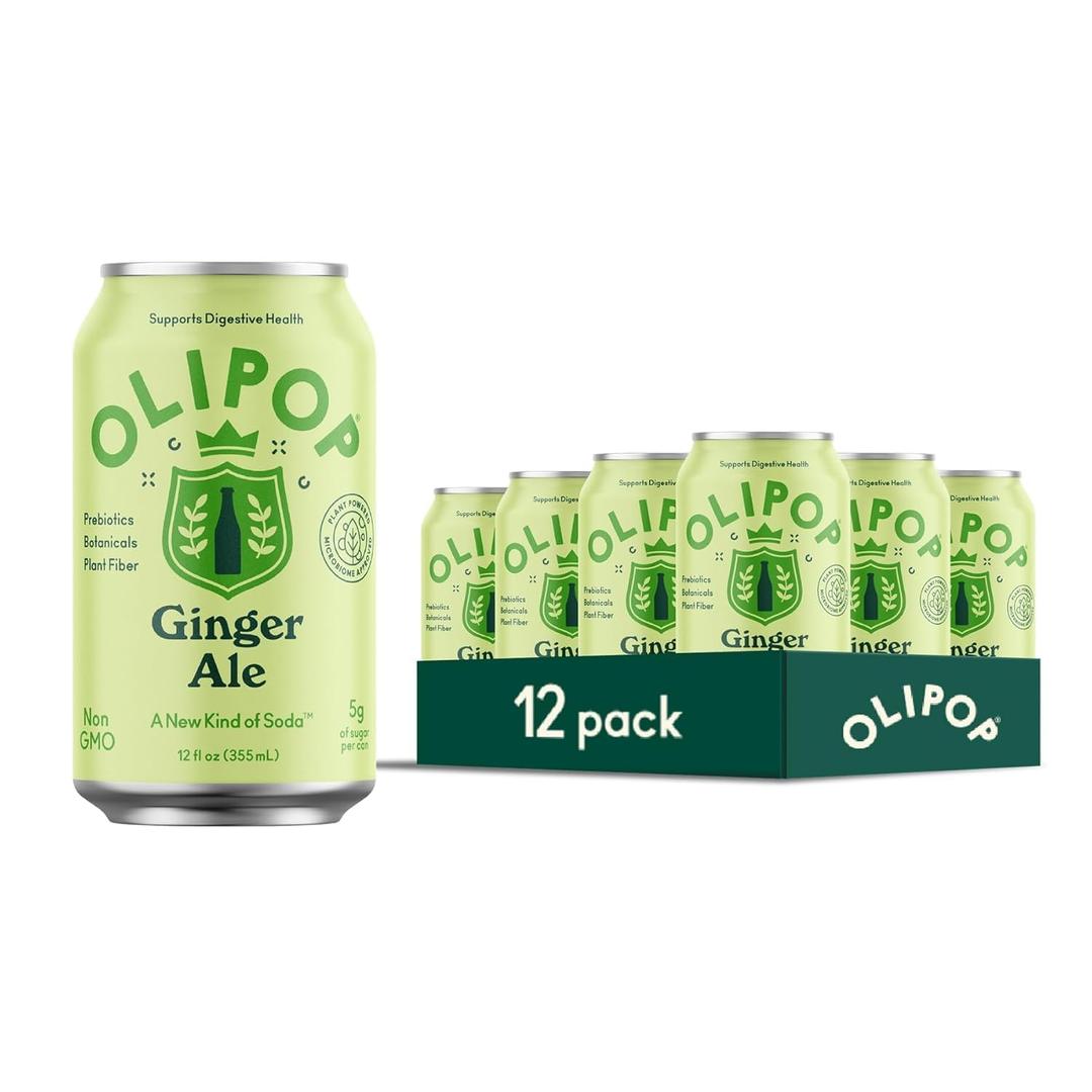 OLIPOP Prebiotic Soda Pop, Ginger Ale, Pantry Pack Packed with Prebiotics, Fiber, and Botanicals, Gluten Free, Vegan, GMO Free, 12oz (12-Cans) BB 12/7/26
