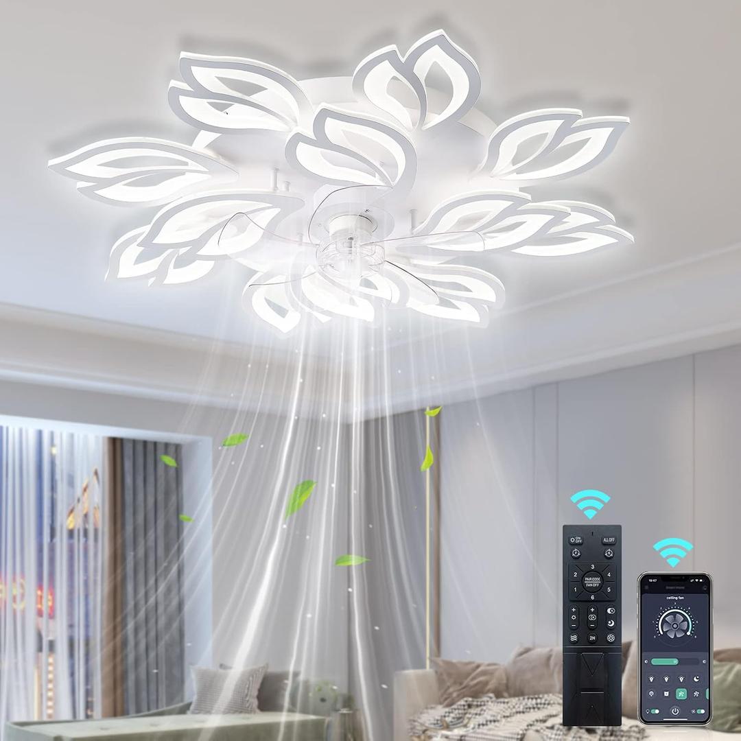 35" Modern Ceiling Fan with Lights Remote APP Control, Flush Mount LED Dimmable Ceiling Fan, 3 Color 6 Speed Low Profile with Light for Bedroom Living Room 130W, 35*7in