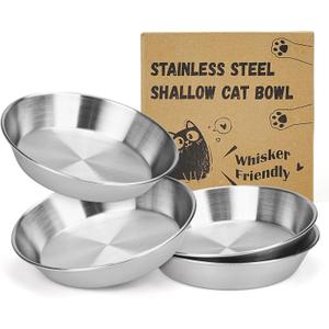 4-Pack Stainless Steel Cat Food Bowls, Shallow Whisker-Friendly Non-Slip Silicone Base Metal Dishes, Easy to Clean Indoor Water Flat Plates for Cat, Kitten, Small Dog (5.9")