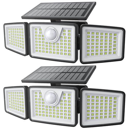 daphino 2500LM Solar Lights Outdoor with Motion Sensor,3 Head 270° Wide Angle Street Area Lights, IP65 Waterproof Security Lighting with 3 Modes(Non-Remote,2 Pcs)