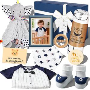 Baby Gift Basket for Newborn Girls & Boys, Baby Shower Gift Set for Boy, Newborn Baby Boy Essentials, Welcome Home, Gender Reveal Gifts for New Parents, Blue Gift Box