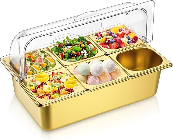 Ziliny 6 Pan Cold Food Buffet Server with Lid Salad Bar Station, Gold
Countertop Food Serving Display Container, Stainless Steel Condiment Serving Tray, for Restaurant Home Kitchen Party