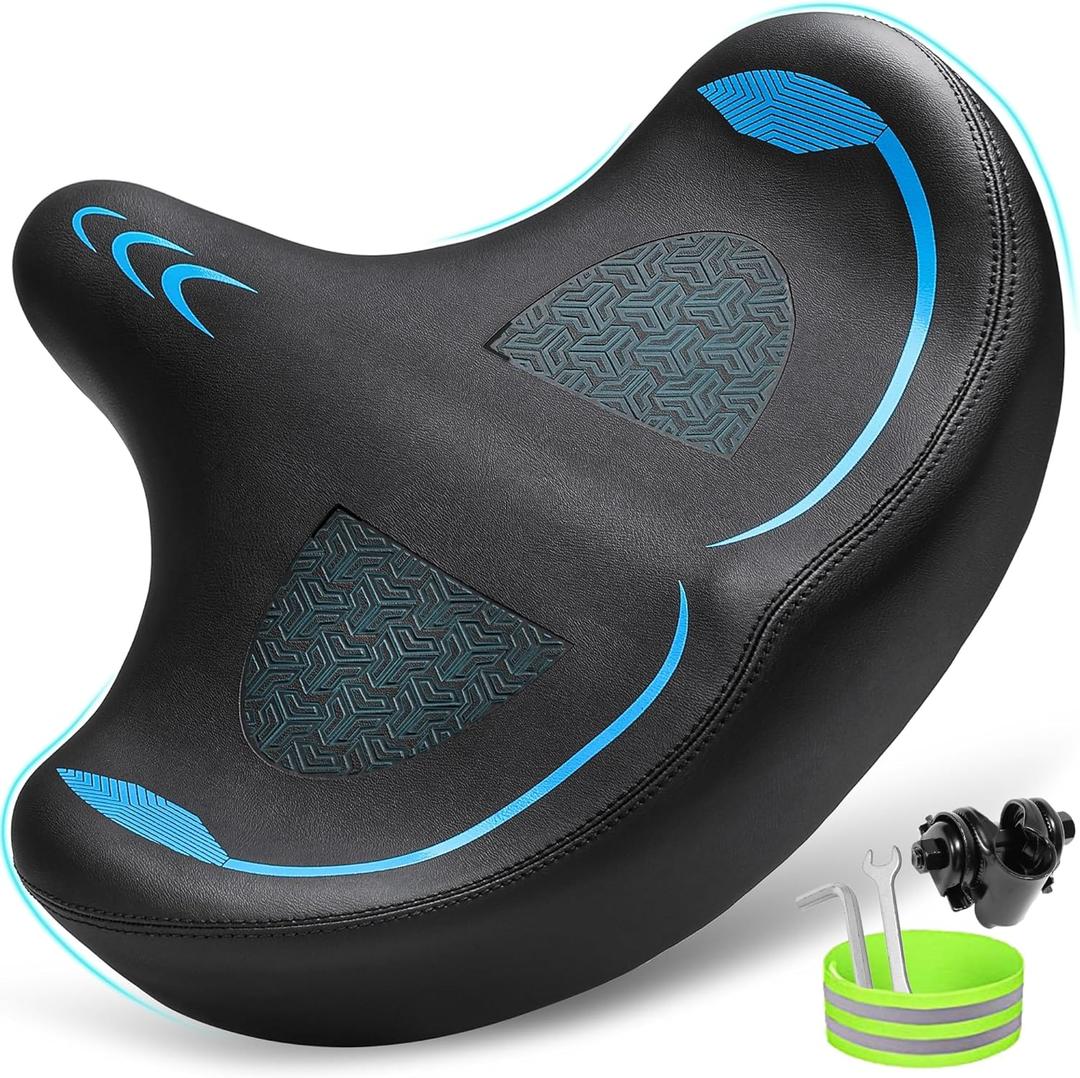 Oversized Bike Seat for Men & Women Comfort, Extra Wide Bicycle Seat Cushion, Comfortable Wing Padded, Large Replacement Bike Saddle for Peloton Bike, Stationary Exercise Bike, City Bike, Ebike (Blue)